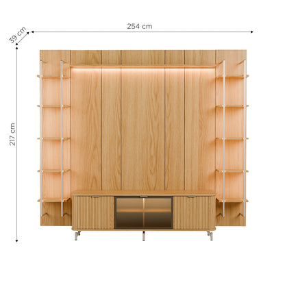 Rack com Painel para TV até 85" 11 Prateleiras e LED Neon Float 254cm – Carvalho c/ Champanhe