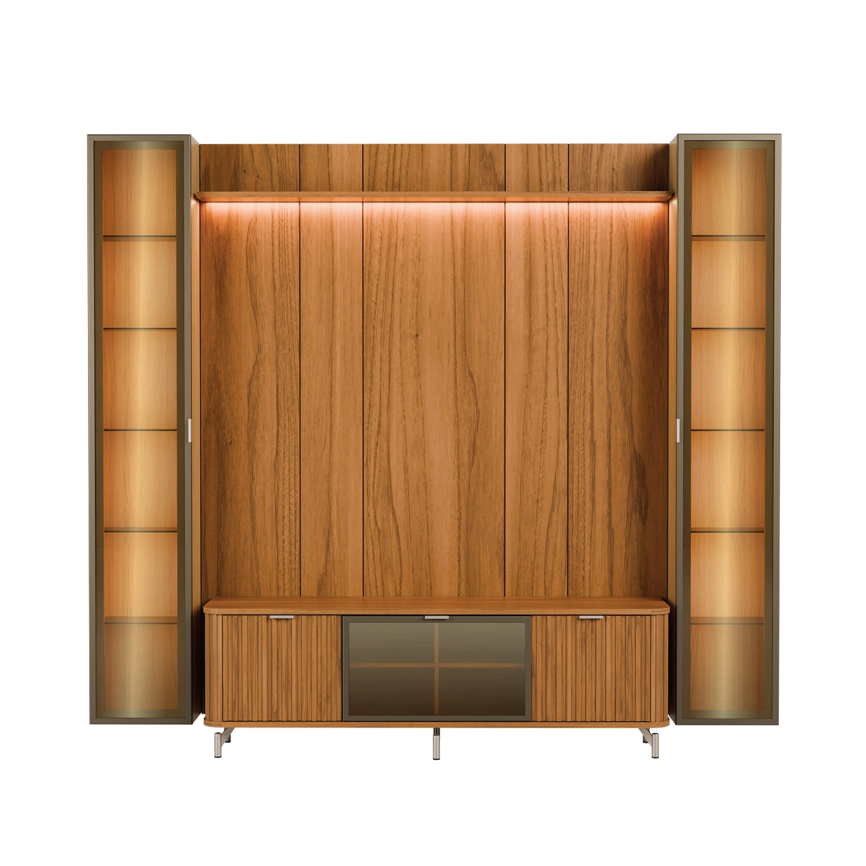 Rack com Painel para TV até 85" 2 Cristaleiras Vidro Reflecta e LED Neon Float 254cm - Canella c/ Champanhe