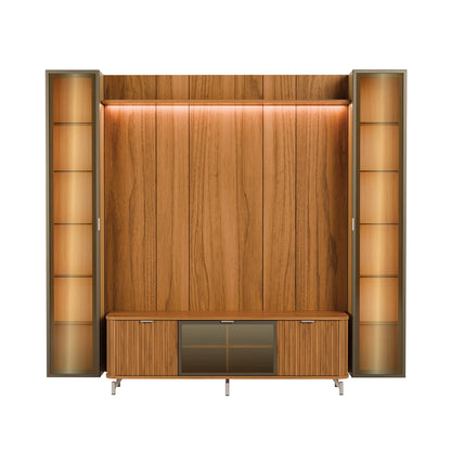 Rack com Painel para TV até 85" 2 Cristaleiras Vidro Reflecta e LED Neon Float 254cm - Canella c/ Champanhe