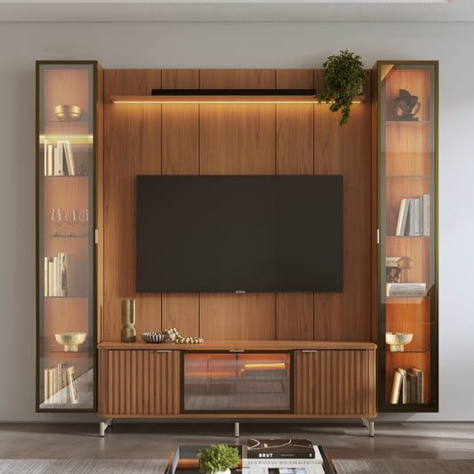 Rack com Painel para TV até 85" 2 Cristaleiras Vidro Reflecta e LED Neon Float 254cm - Canella c/ Champanhe