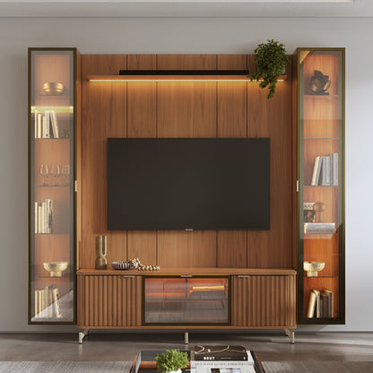 Rack com Painel para TV até 85" 2 Cristaleiras Vidro Reflecta e LED Neon Float 254cm - Canella c/ Champanhe