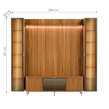 Rack com Painel para TV até 85" 2 Cristaleiras Vidro Reflecta e LED Neon Float 254cm - Canella c/ Champanhe
