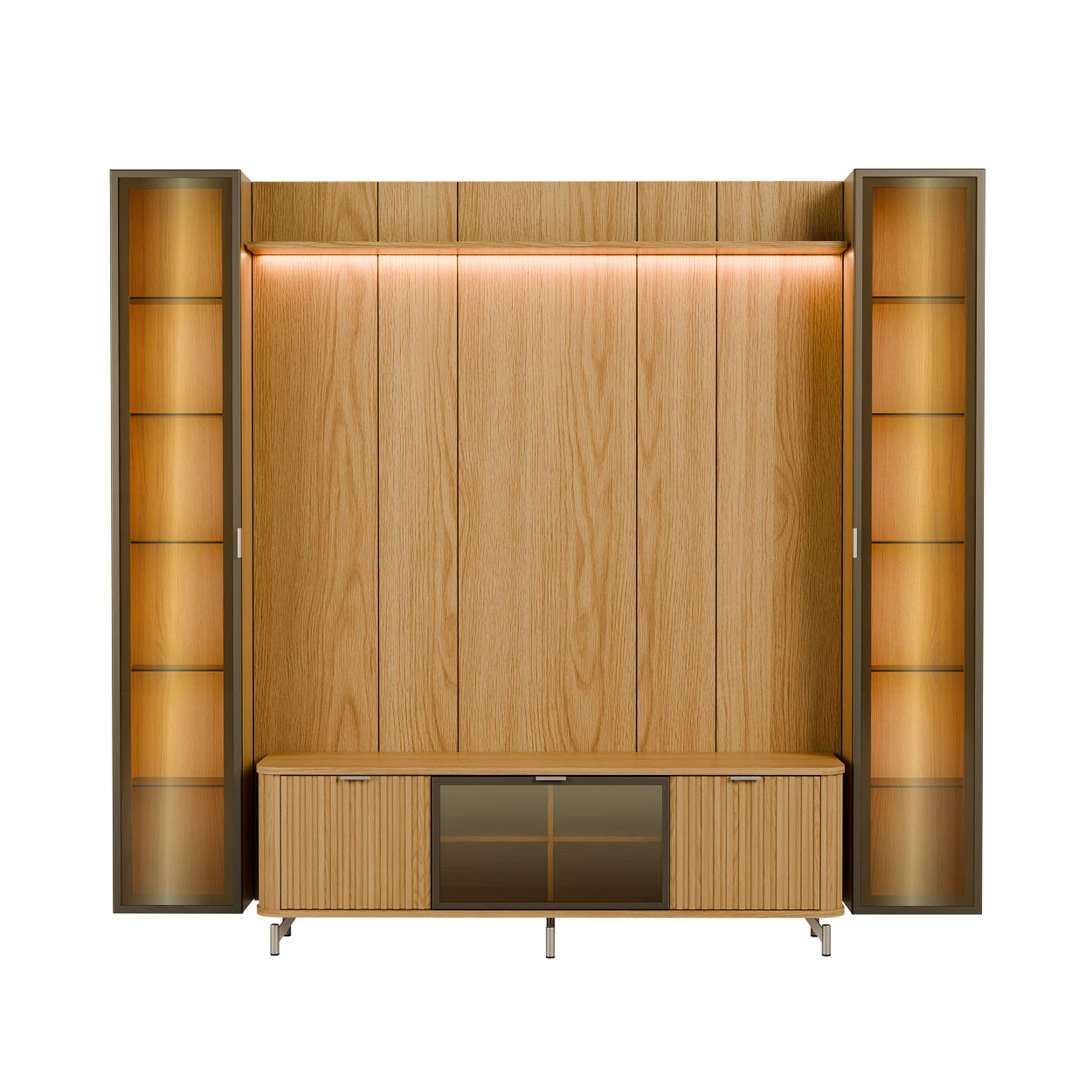 Rack com Painel para TV até 85" 2 Cristaleiras Vidro Reflecta e LED Neon Float 254cm – Carvalho c/ Champanhe
