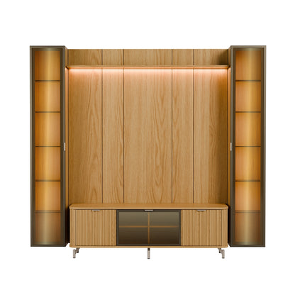 Rack com Painel para TV até 85" 2 Cristaleiras Vidro Reflecta e LED Neon Float 254cm – Carvalho c/ Champanhe