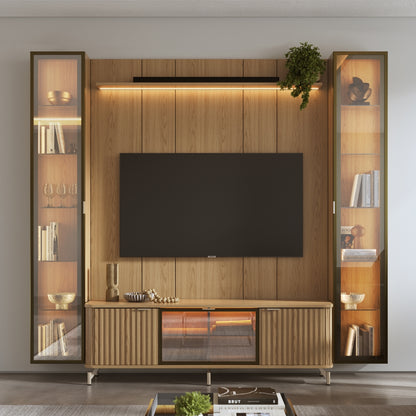 Rack com Painel para TV até 85" 2 Cristaleiras Vidro Reflecta e LED Neon Float 254cm – Carvalho c/ Champanhe