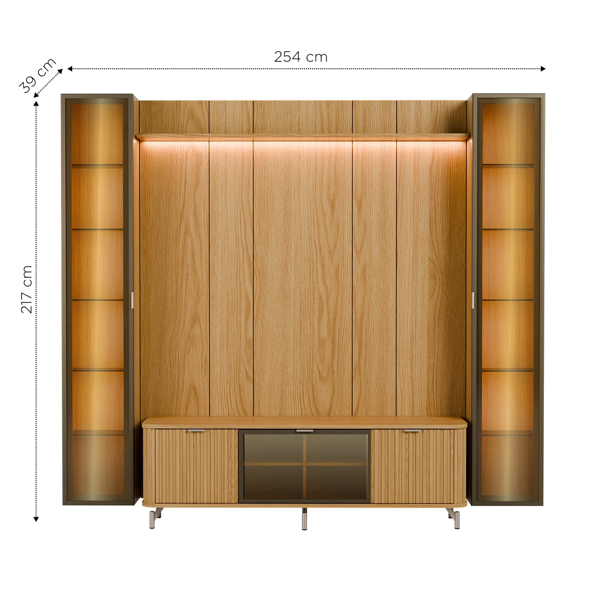 Rack com Painel para TV até 85" 2 Cristaleiras Vidro Reflecta e LED Neon Float 254cm – Carvalho c/ Champanhe