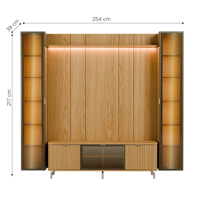 Rack com Painel para TV até 85" 2 Cristaleiras Vidro Reflecta e LED Neon Float 254cm – Carvalho c/ Champanhe