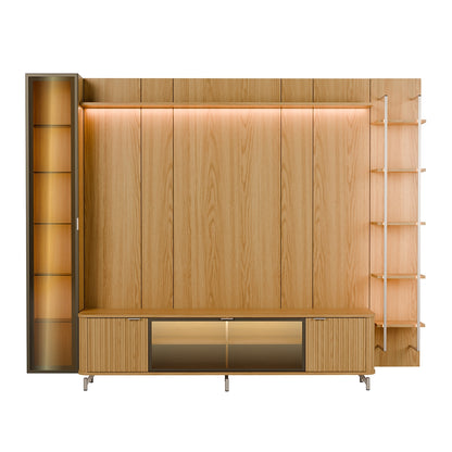 Rack com Painel para TV até 85" 6 Prateleiras e Cristaleira 1 Porta Vidro Reflecta e LED Neon Float 291cm – Carvalho c/ Champanhe
