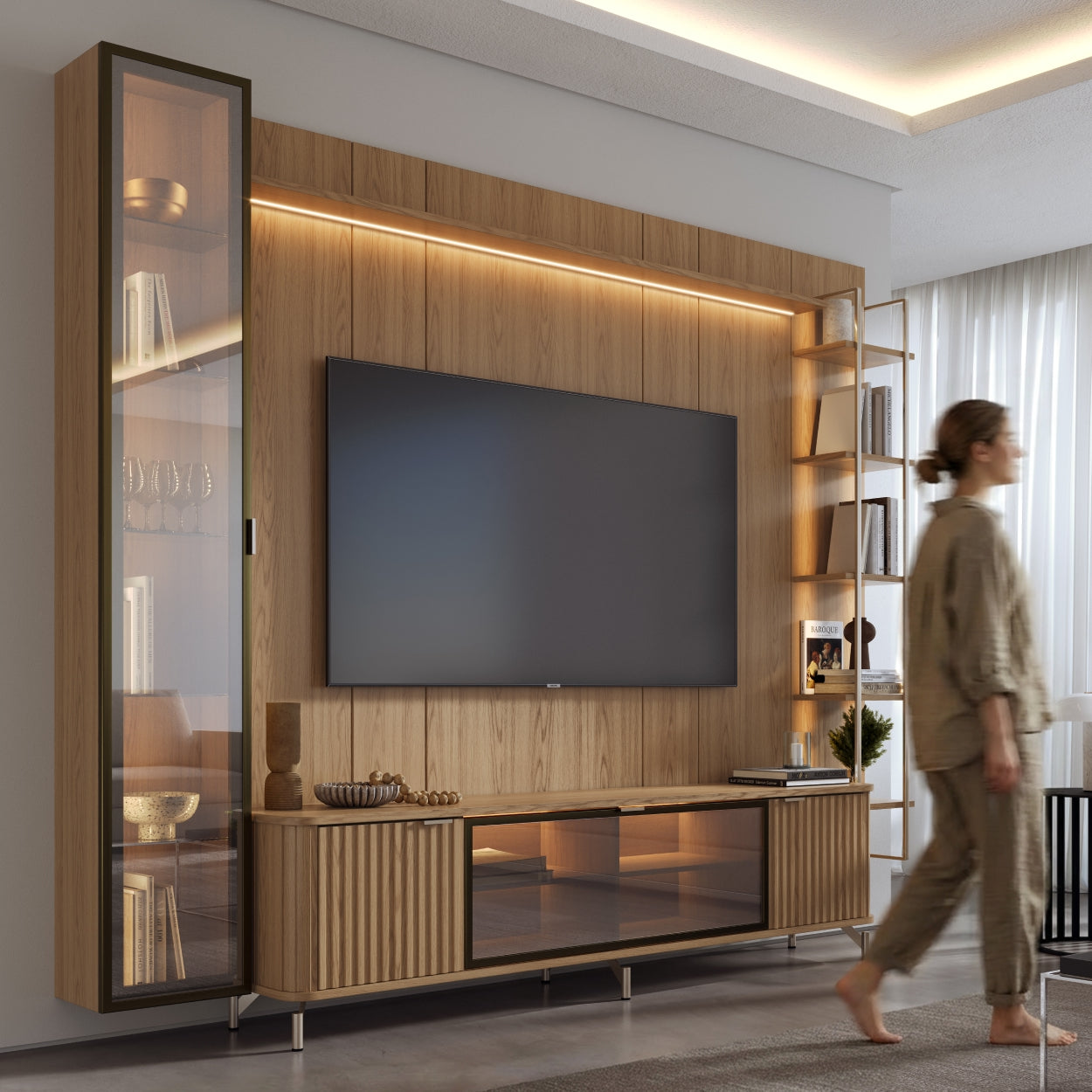 Rack com Painel para TV até 85" 6 Prateleiras e Cristaleira 1 Porta Vidro Reflecta e LED Neon Float 291cm – Carvalho c/ Champanhe