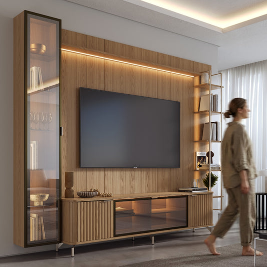 Rack com Painel para TV até 85" 6 Prateleiras e Cristaleira 1 Porta Vidro Reflecta e LED Neon Float 291cm – Carvalho c/ Champanhe