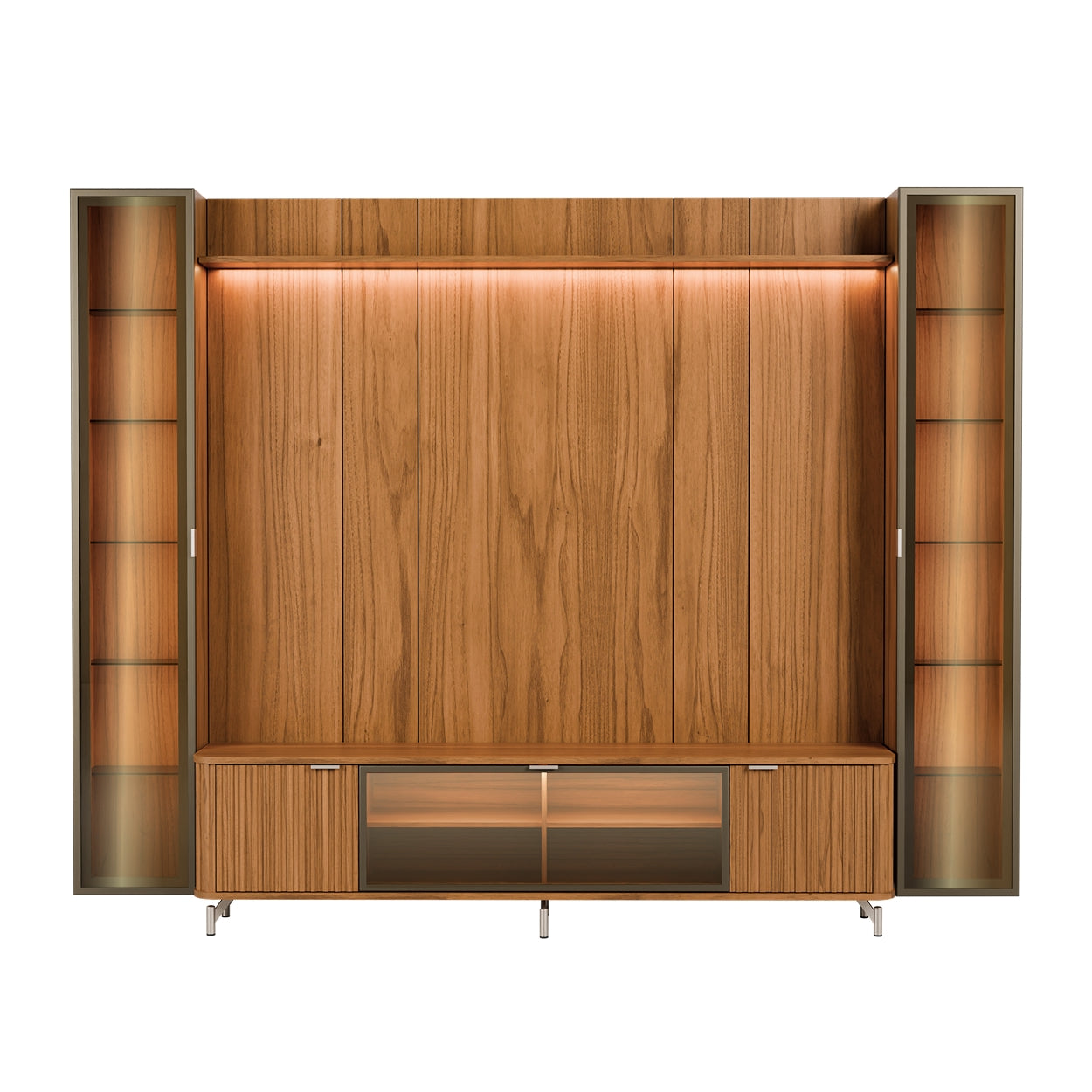 Rack com Painel para TV até 85" 2 Cristaleiras Vidro Reflecta e LED Neon Float 291cm - Canella c/ Champanhe