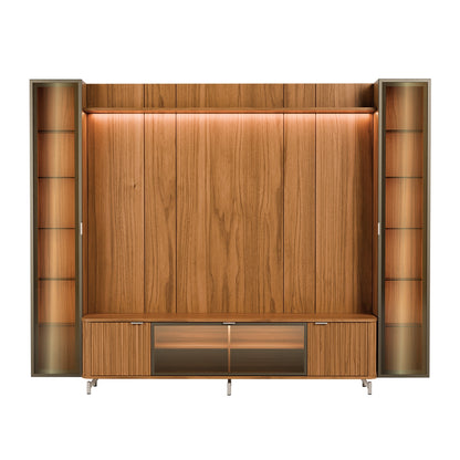 Rack com Painel para TV até 85" 2 Cristaleiras Vidro Reflecta e LED Neon Float 291cm - Canella c/ Champanhe