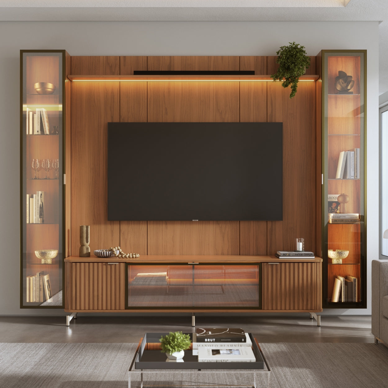 Rack com Painel para TV até 85" 2 Cristaleiras Vidro Reflecta e LED Neon Float 291cm - Canella c/ Champanhe