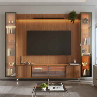Rack com Painel para TV até 85" 2 Cristaleiras Vidro Reflecta e LED Neon Float 291cm - Canella c/ Champanhe