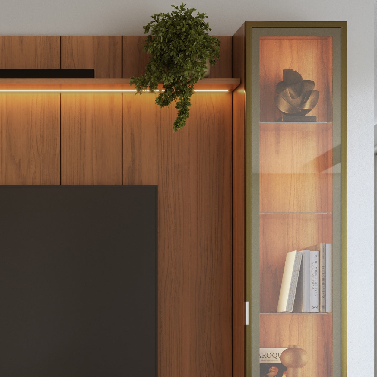 Rack com Painel para TV até 85" 2 Cristaleiras Vidro Reflecta e LED Neon Float 254cm - Canella c/ Champanhe