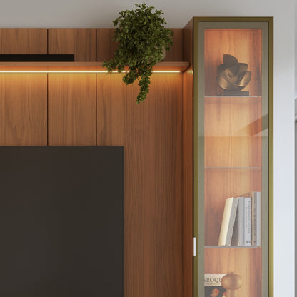 Rack com Painel para TV até 85" 2 Cristaleiras Vidro Reflecta e LED Neon Float 254cm - Canella c/ Champanhe
