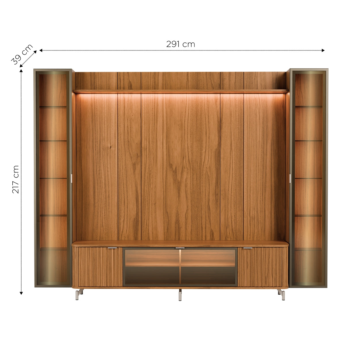 Rack com Painel para TV até 85" 2 Cristaleiras Vidro Reflecta e LED Neon Float 291cm - Canella c/ Champanhe