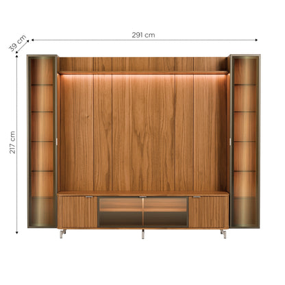 Rack com Painel para TV até 85" 2 Cristaleiras Vidro Reflecta e LED Neon Float 291cm - Canella c/ Champanhe
