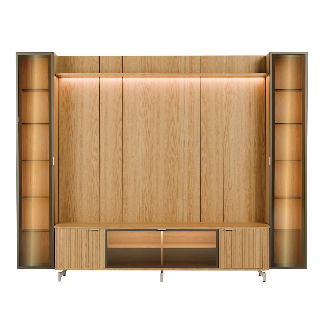 Rack com Painel para TV até 85" 2 Cristaleiras Vidro Reflecta e LED Neon Float 291cm – Carvalho c/ Champanhe