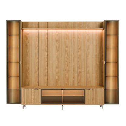 Rack com Painel para TV até 85" 2 Cristaleiras Vidro Reflecta e LED Neon Float 291cm – Carvalho c/ Champanhe