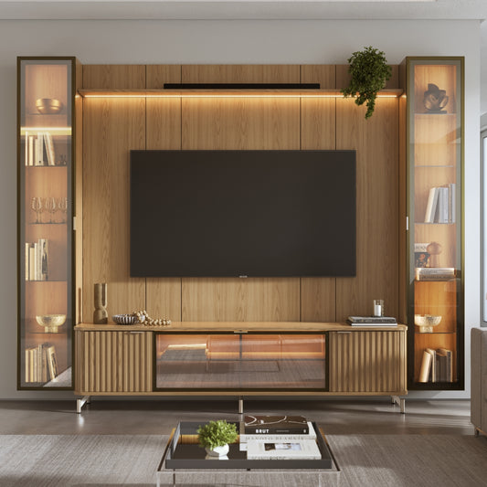 Rack com Painel para TV até 85" 2 Cristaleiras Vidro Reflecta e LED Neon Float 291cm – Carvalho c/ Champanhe