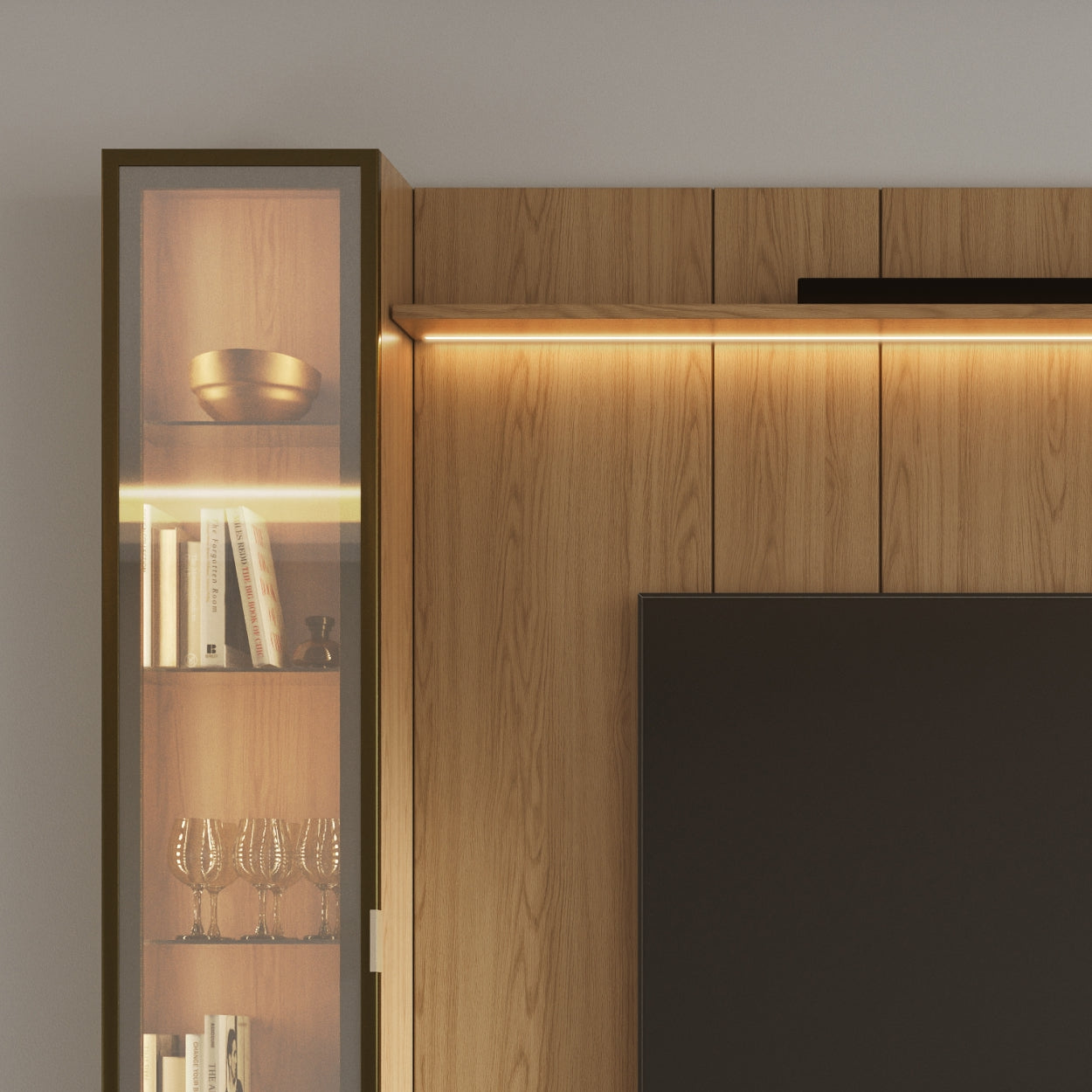 Rack com Painel para TV até 85" 2 Cristaleiras Vidro Reflecta e LED Neon Float 254cm – Carvalho c/ Champanhe