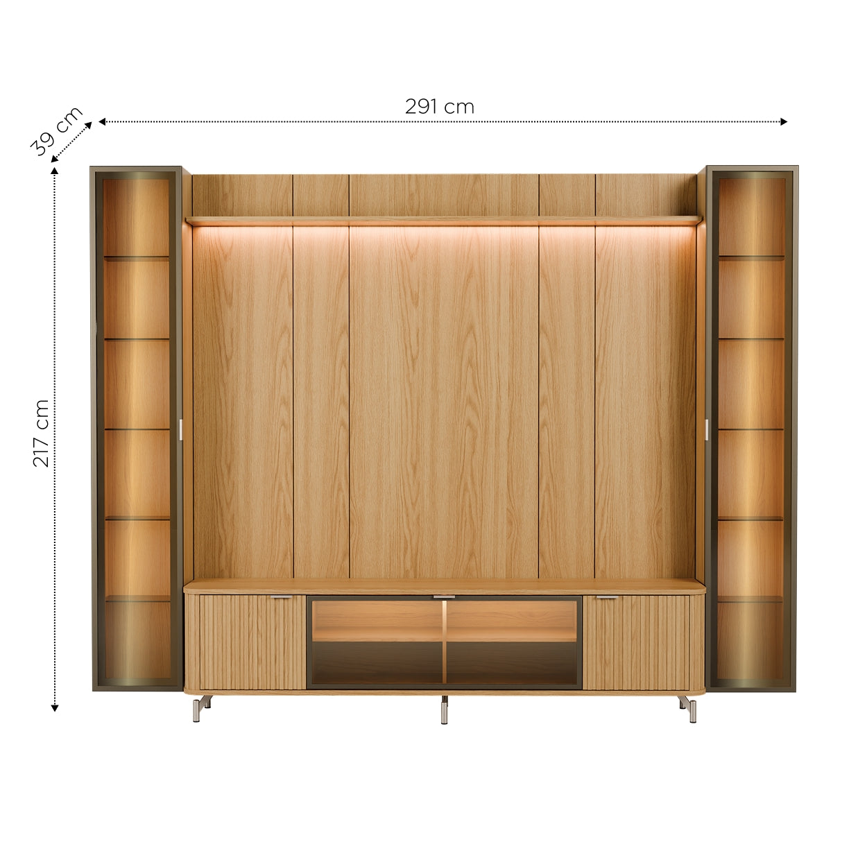 Rack com Painel para TV até 85" 2 Cristaleiras Vidro Reflecta e LED Neon Float 291cm – Carvalho c/ Champanhe