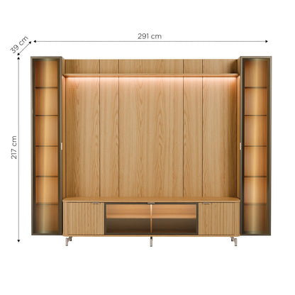 Rack com Painel para TV até 85" 2 Cristaleiras Vidro Reflecta e LED Neon Float 291cm – Carvalho c/ Champanhe