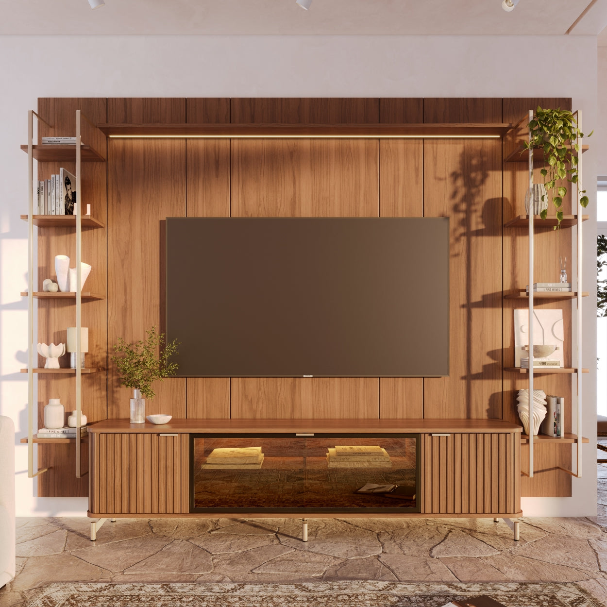 Rack com Painel para TV até 85" 11 Prateleiras e LED Neon Float 291cm - Canella c/ Champanhe