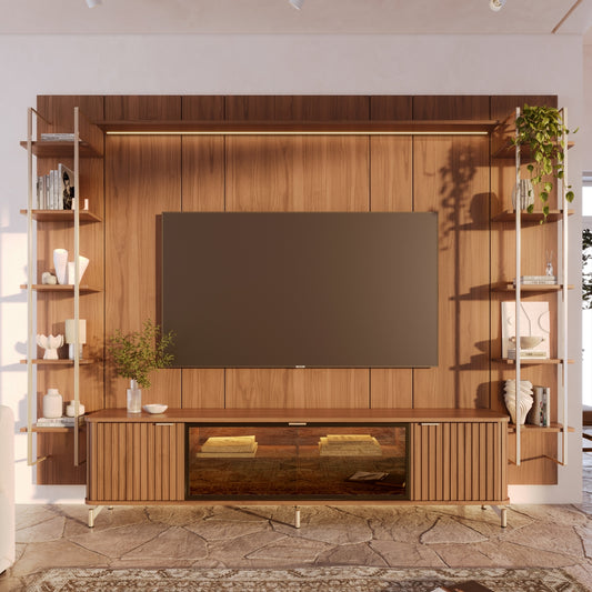 Rack com Painel para TV até 85" 11 Prateleiras e LED Neon Float 291cm - Canella c/ Champanhe