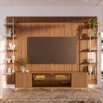 Rack com Painel para TV até 85" 11 Prateleiras e LED Neon Float 291cm - Canella c/ Champanhe