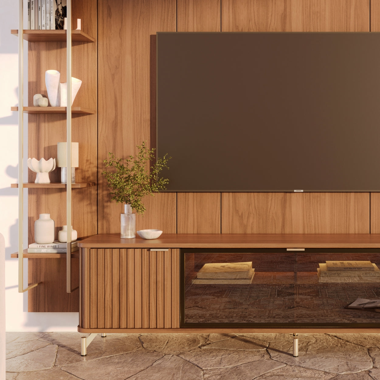 Rack com Painel para TV até 85" 11 Prateleiras e LED Neon Float 291cm - Canella c/ Champanhe