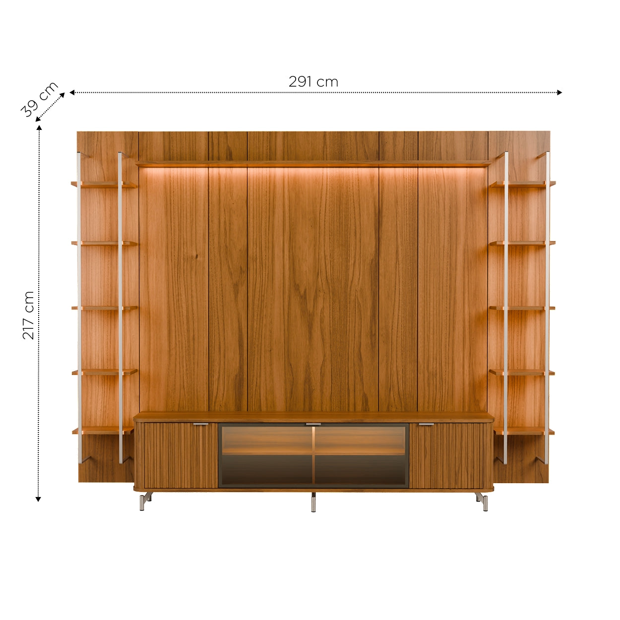 Rack com Painel para TV até 85" 11 Prateleiras e LED Neon Float 291cm - Canella c/ Champanhe