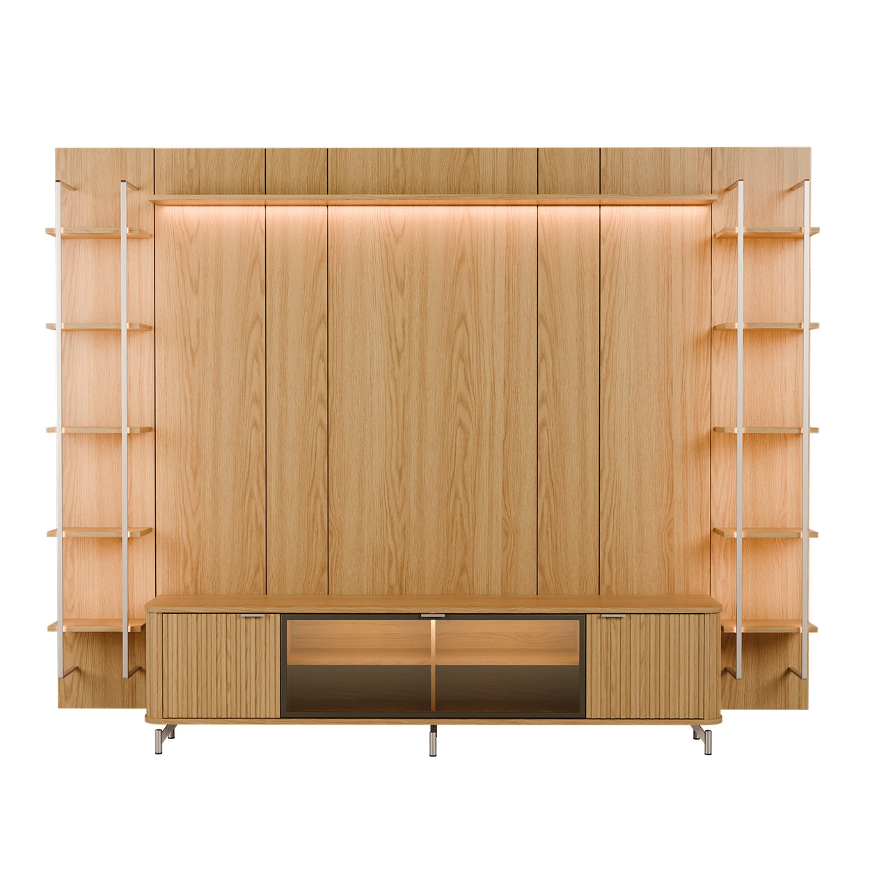 Rack com Painel para TV até 85" 11 Prateleiras e LED Neon Float 291cm – Carvalho c/ Champanhe