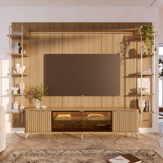 Rack com Painel para TV até 85" 11 Prateleiras e LED Neon Float 291cm – Carvalho c/ Champanhe