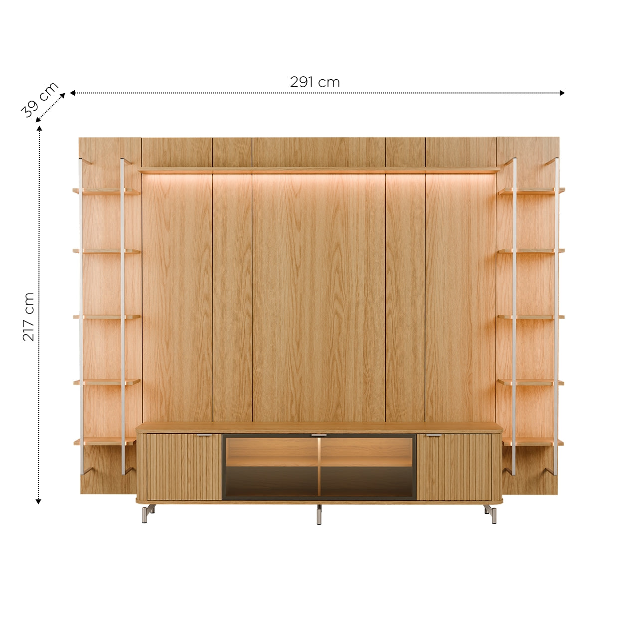 Rack com Painel para TV até 85" 11 Prateleiras e LED Neon Float 291cm – Carvalho c/ Champanhe
