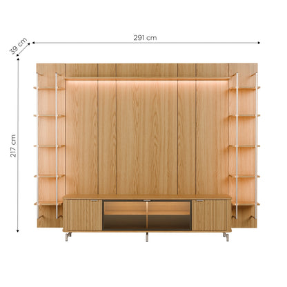 Rack com Painel para TV até 85" 11 Prateleiras e LED Neon Float 291cm – Carvalho c/ Champanhe