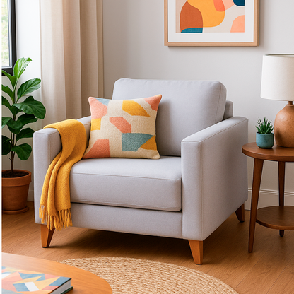 Poltrona Madeira Maciça Estofada Madrid - Linho Texturizado Cinza c/ Natural