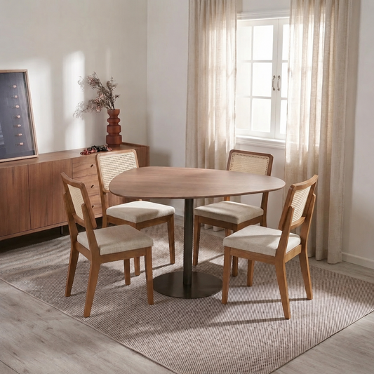 Conjunto De Jantar Mesa Organica Kalyx 4 Cadeiras Saga Canella C/ Linho Mescla Cru