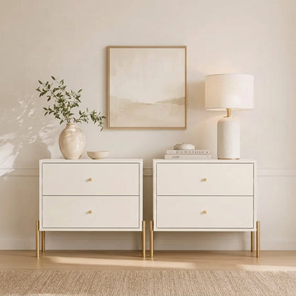 Conjunto 2 Mesas de Cabeceira com 2 Gavetas Jasper 64 cm - Off White Fosco c/ Dourado
