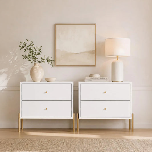 Conjunto 2 Mesas de Cabeceira com 2 Gavetas Jasper 64 cm - Branco c/ Dourado