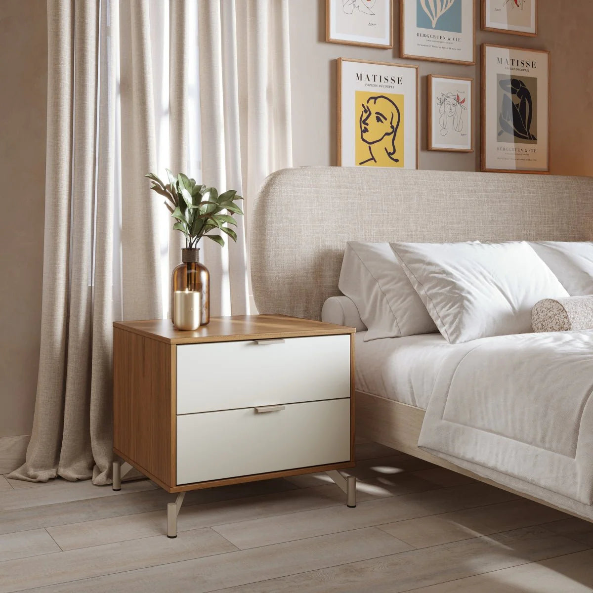 Mesa de Cabeceira 2 Gavetas Altis 60 cm - Off White Fosco c/ Canella - Champanhe