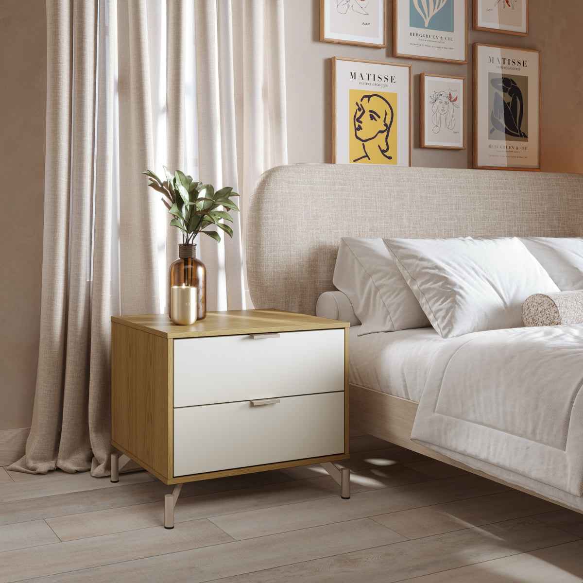 Mesa de Cabeceira 2 Gavetas Altis 60 cm - Off White Fosco c/ Carvalho - Champanhe