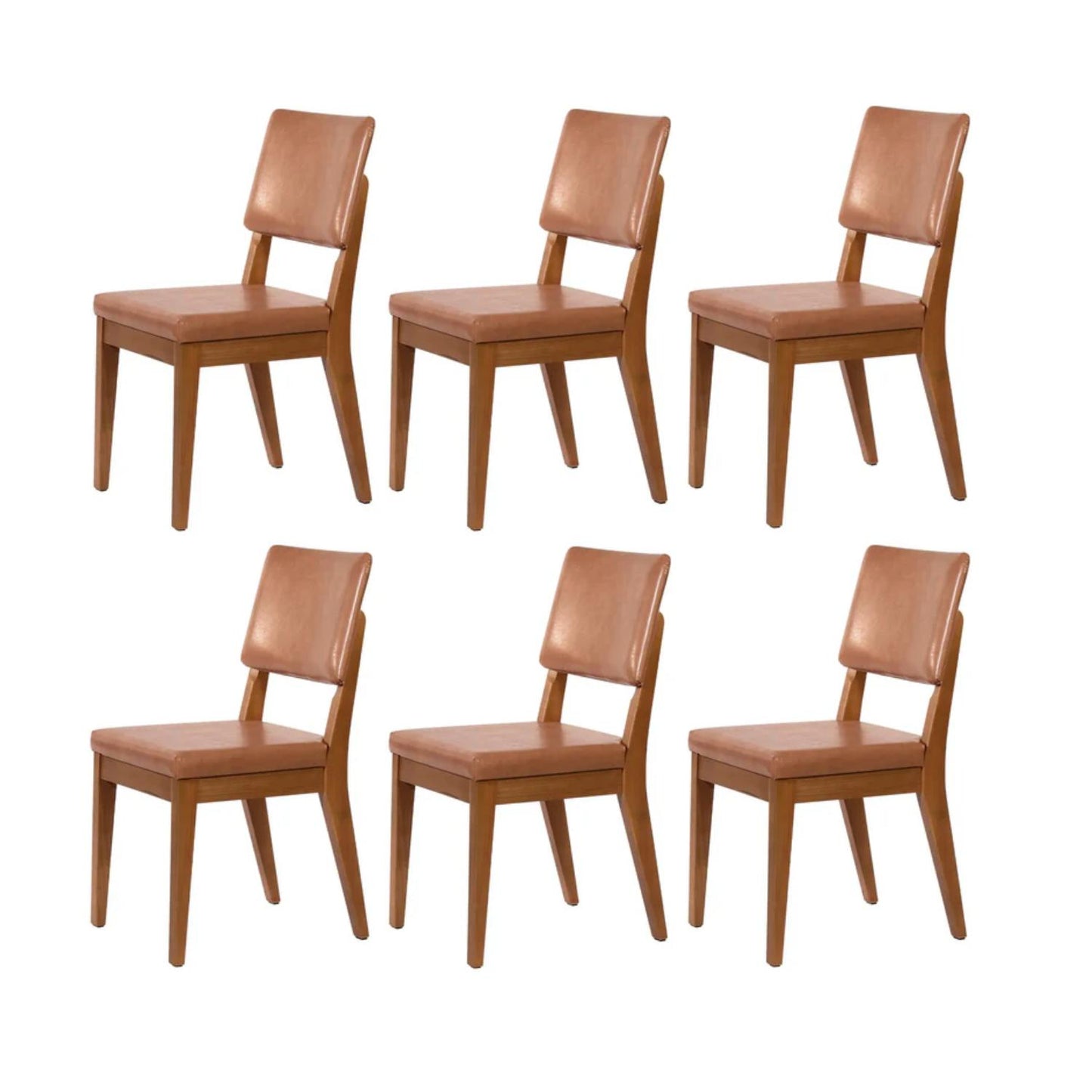 Conjunto de 6 Cadeiras de Madeira Maciça Estofada Ella - Natural c/ PU Caramelo