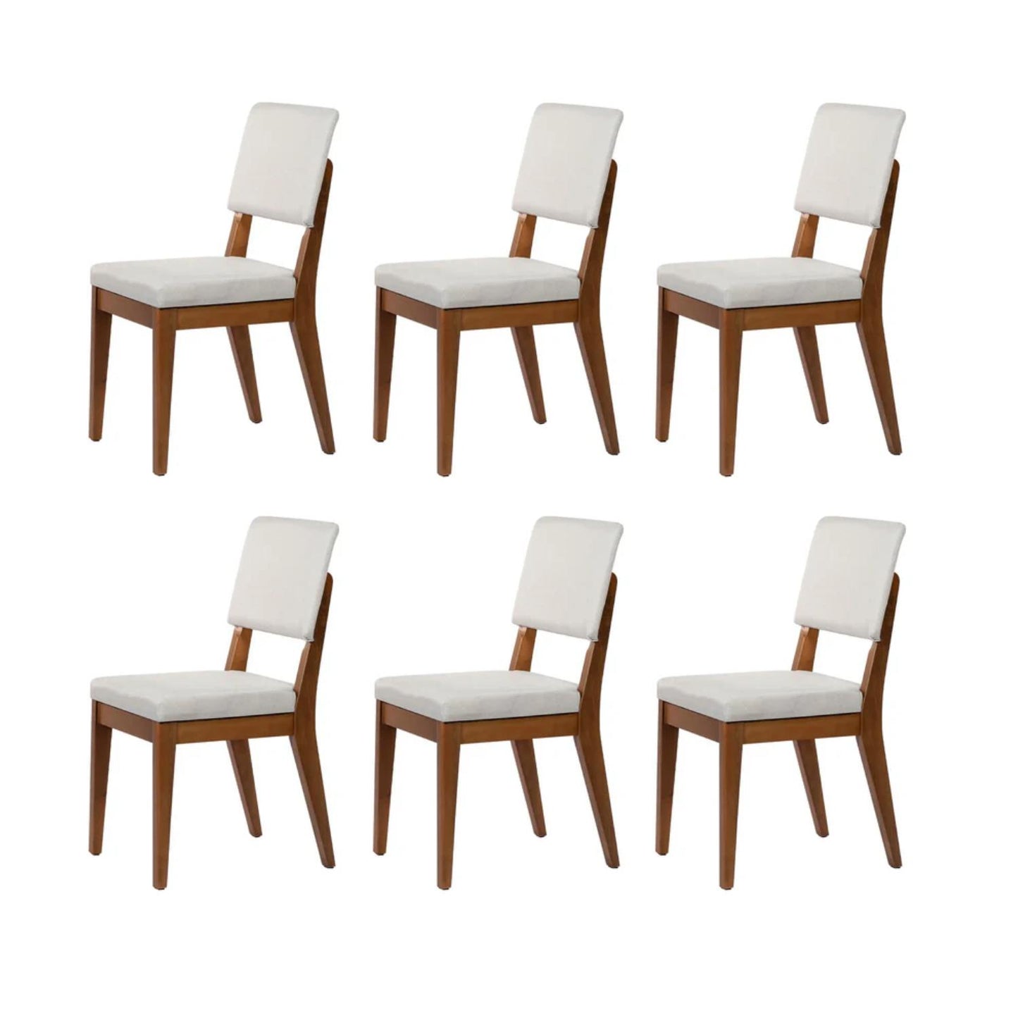 Conjunto de 6 Cadeiras de Madeira Maciça Estofada Ella - Natural c/ Linho Off White