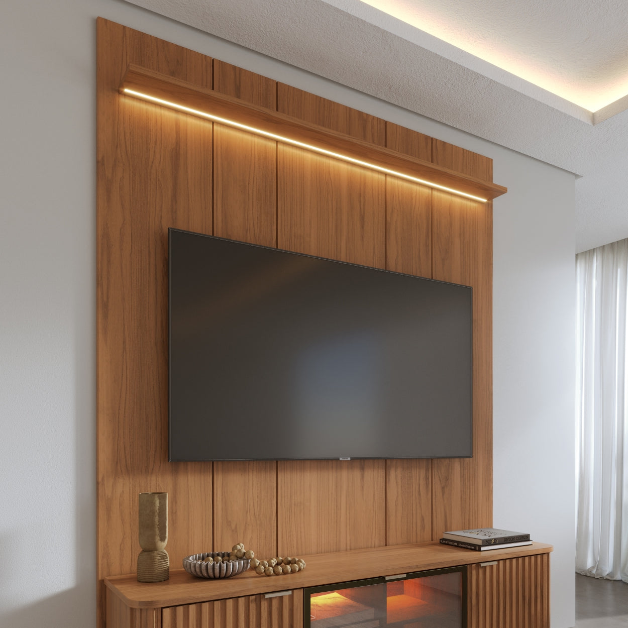 Painel para TV Até 85” com Prateleira e LED Neon Float 178 cm - Canella