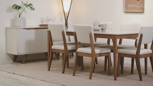 Conjunto de Jantar Mesa com Vidro 4 Cadeiras Ella - Natural c/ Off White