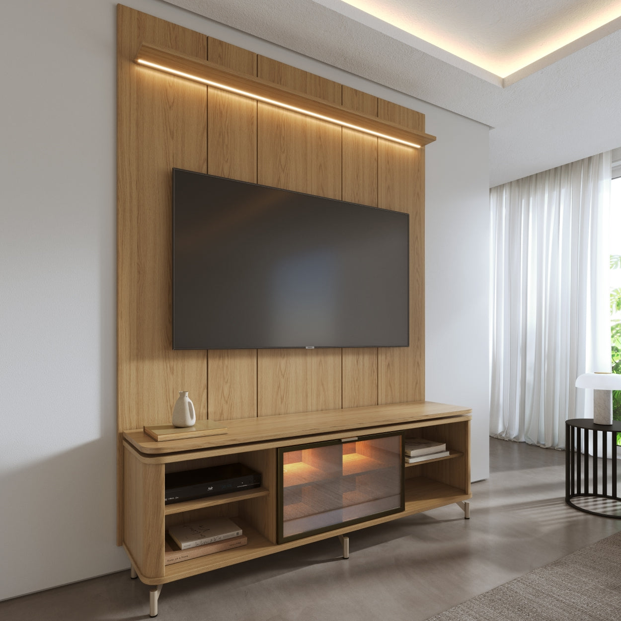 Rack com Painel para TV até 85" 1 Prateleira 1 Porta Vidro Reflecta e LED Lincoln Float 178cm – Carvalho c/ Champanhe