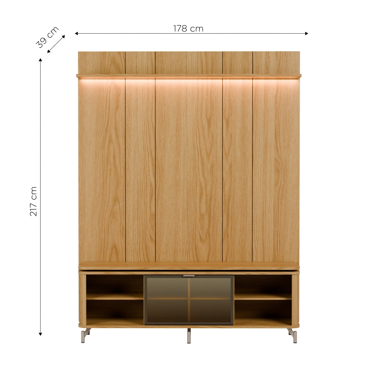 Rack com Painel para TV até 85" 1 Prateleira 1 Porta Vidro Reflecta e LED Lincoln Float 178cm – Carvalho c/ Champanhe