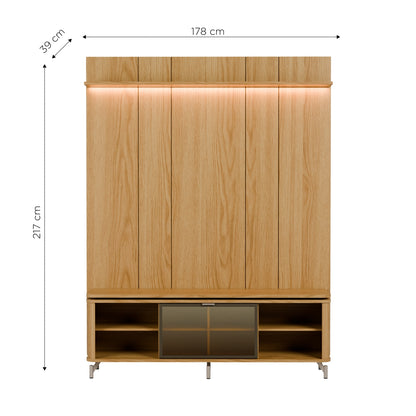 Rack com Painel para TV até 85" 1 Prateleira 1 Porta Vidro Reflecta e LED Lincoln Float 178cm – Carvalho c/ Champanhe